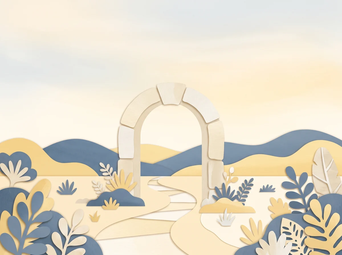 A winding path through a sunlit garden, leading to an open stone arch between soft blue hills.